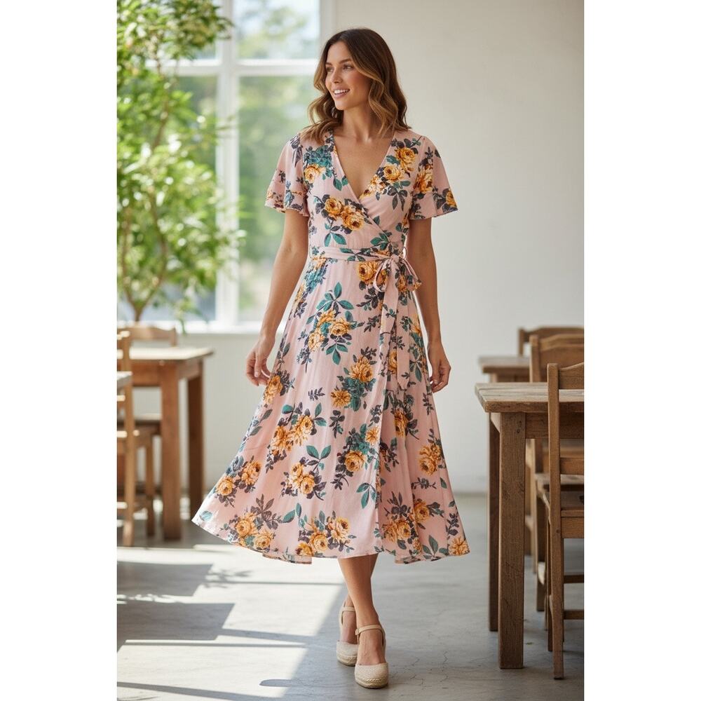 Ella Mara Floral Wrap Dress – Blush Pink